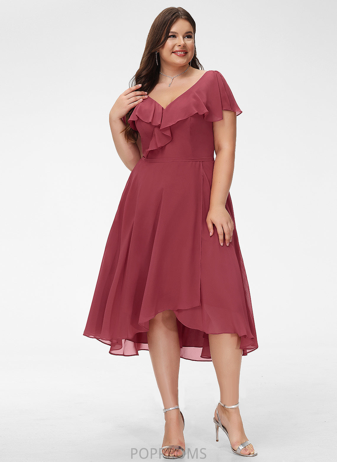 Cocktail Dresses Chiffon A-Line Asymmetrical Dress V-neck Ruffle Cocktail Patricia With