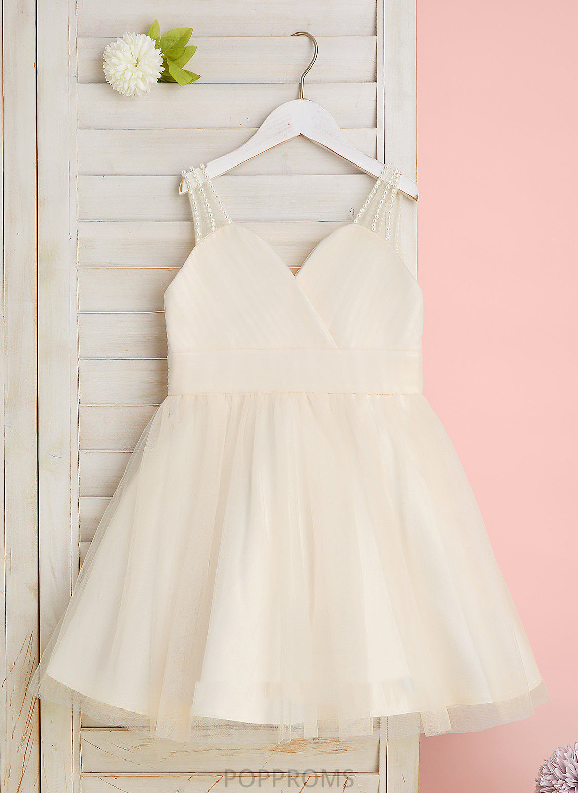 Girl Tulle Sleeveless A-Line Knee-length Dress Aurora Flower Girl Dresses - Flower V-neck With Ruffles/Beading