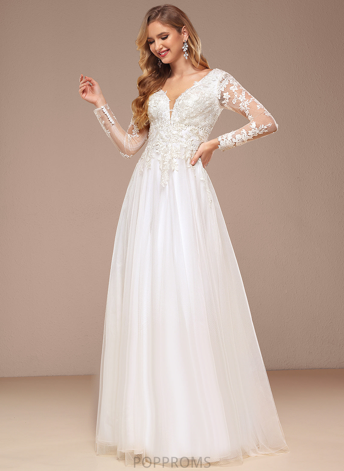 Lace A-Line Wedding Floor-Length Dress With Wedding Dresses Sequins Beading Tulle V-neck Charlee