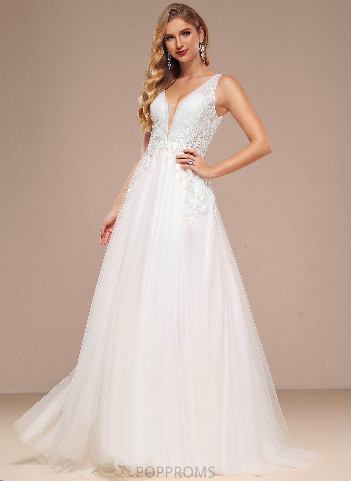 A-Line Dress Train Wedding Dresses Sweep Lace Sequins V-neck Wedding Margery With Tulle