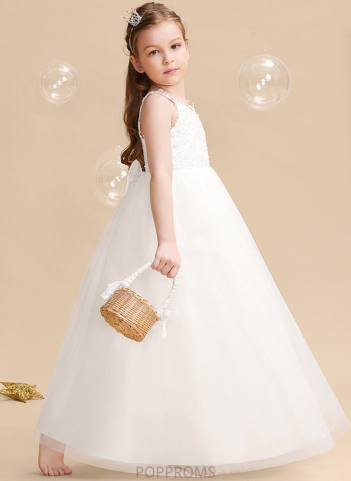 Sleeveless Floor-length Dress Girl Ball-Gown/Princess Beading/Bow(s) - Tulle/Lace With Tracy Flower Flower Girl Dresses V-neck