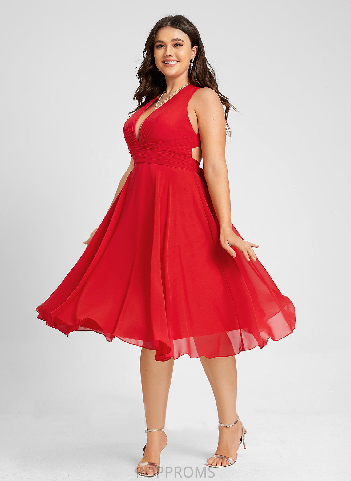 With Ruffle A-Line Cocktail Dress Bow(s) Kelsie Knee-Length Cocktail Dresses V-neck Chiffon