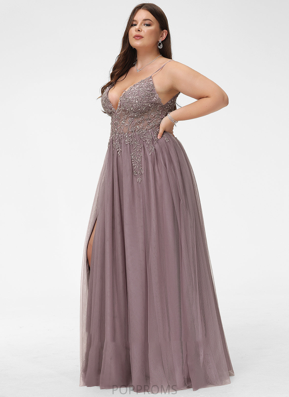 Lace Ball-Gown/Princess Beading Sequins Prom Dresses V-neck Floor-Length Front Split Tulle With Gabriela