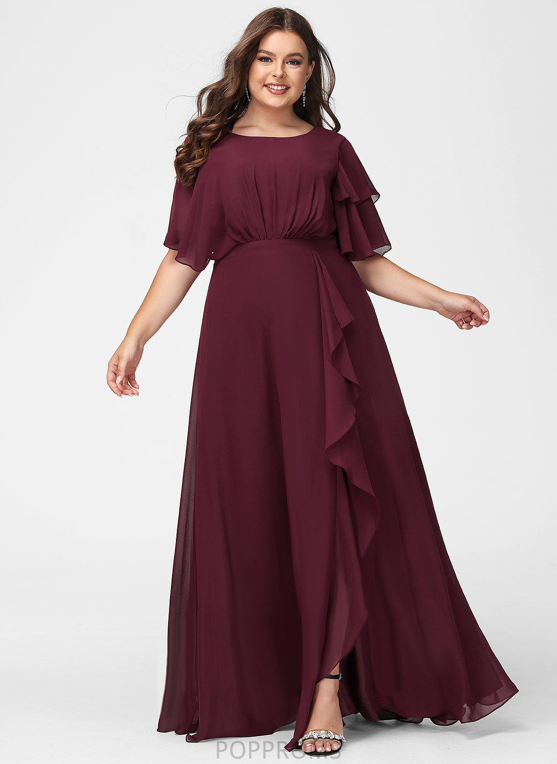 A-Line Neckline Fabric Ruffle SplitFront Silhouette ScoopNeck Floor-Length Embellishment Length Rosalie A-Line/Princess Bridesmaid Dresses