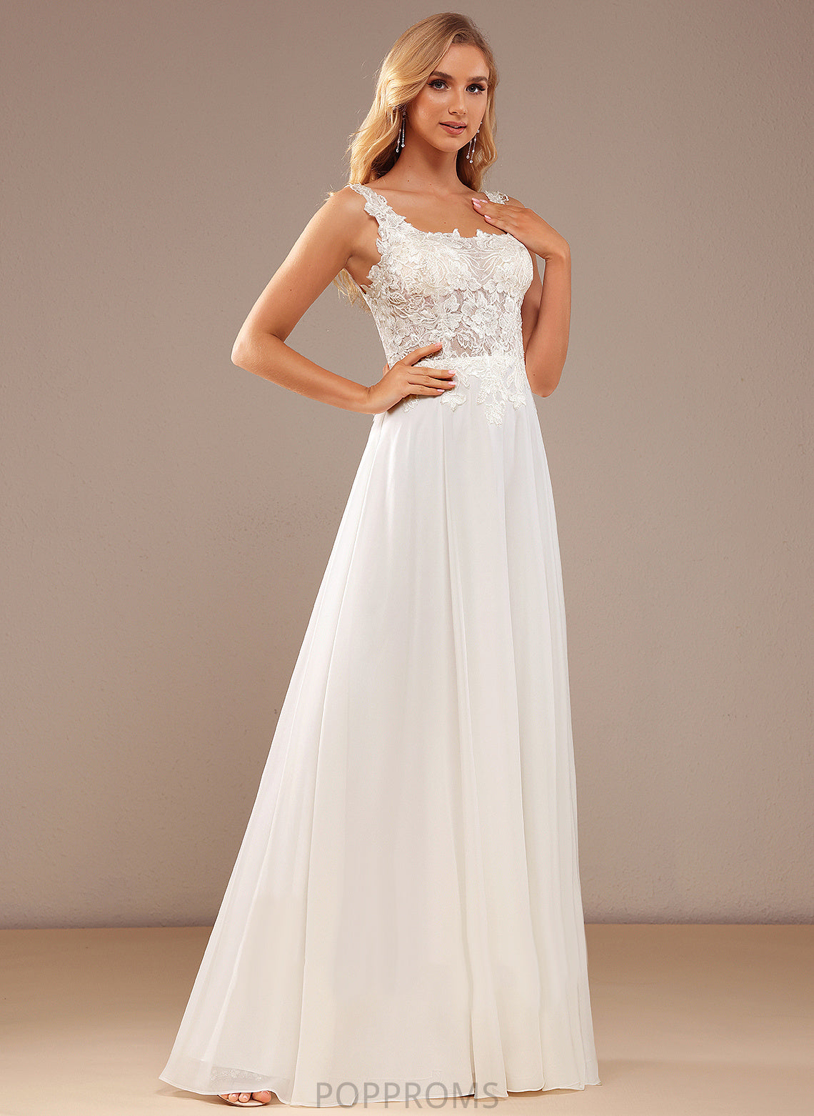 Sequins Chiffon Lace Neckline Floor-Length Wedding Dresses Lace Wedding Square Dress With A-Line Alondra