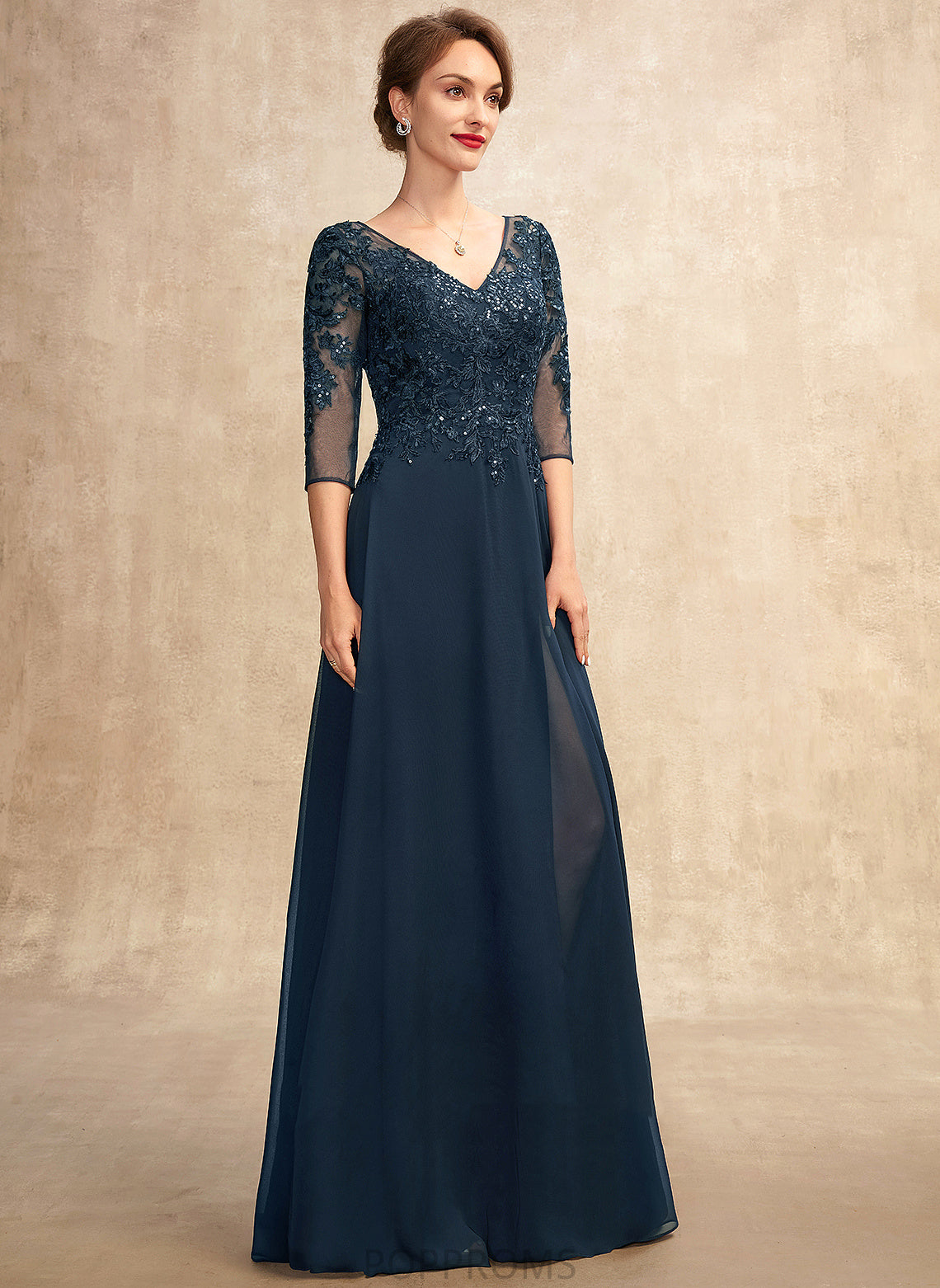 the Front Bride Sequins Split Mother Floor-Length Chiffon Lace V-neck of A-Line Dress Maggie Mother of the Bride Dresses With