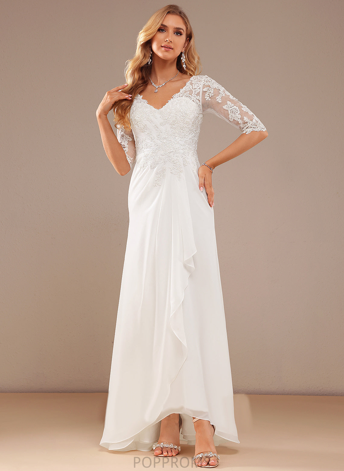 Lace Dress Ruffle Asymmetrical Chiffon With Wedding A-Line Lace Vivian V-neck Wedding Dresses