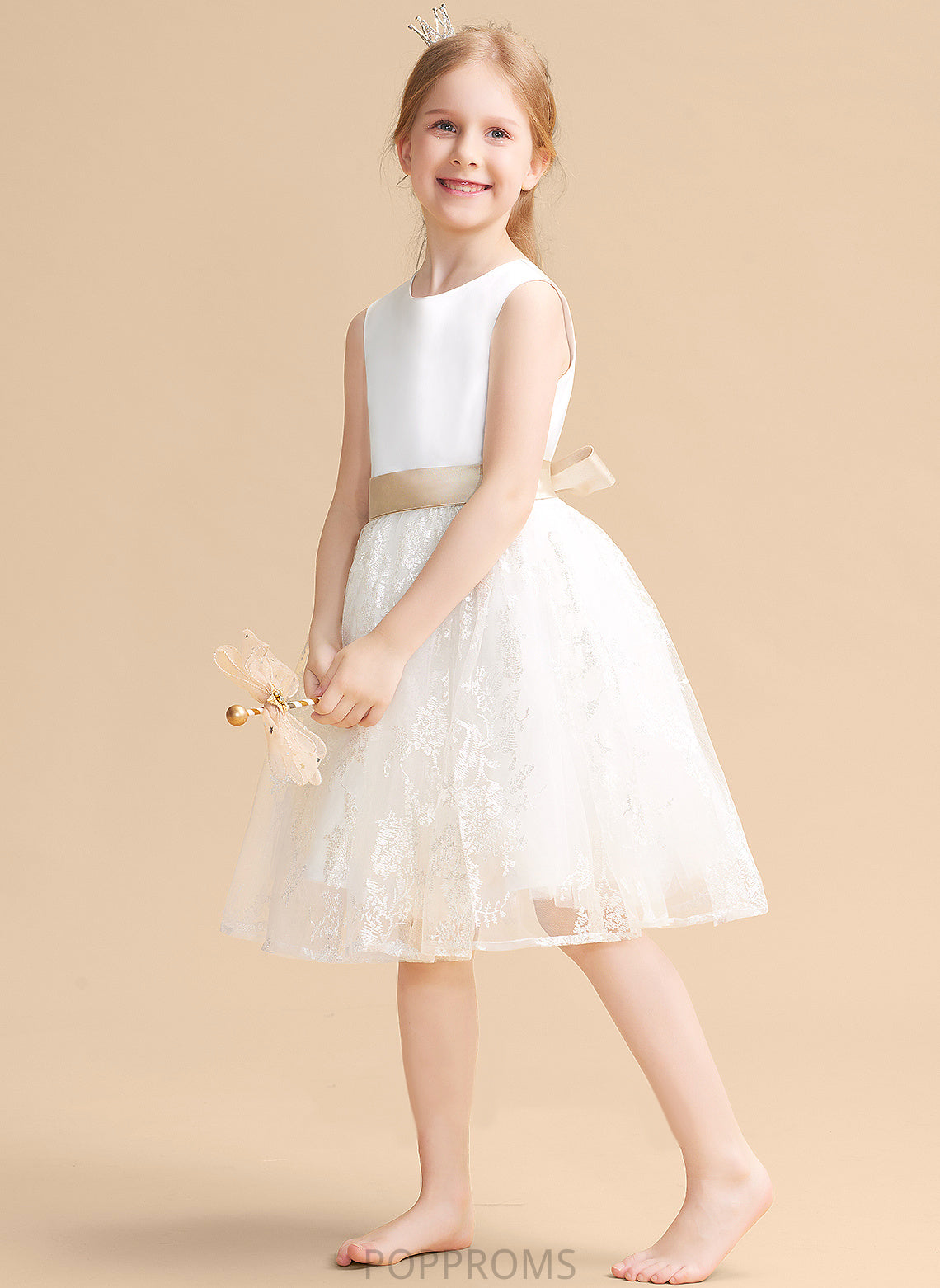 Flower Girl Dresses Scoop Sleeveless - A-Line/Princess Flower Satin/Lace Girl Neck Knee-length Sash With Dress Alissa