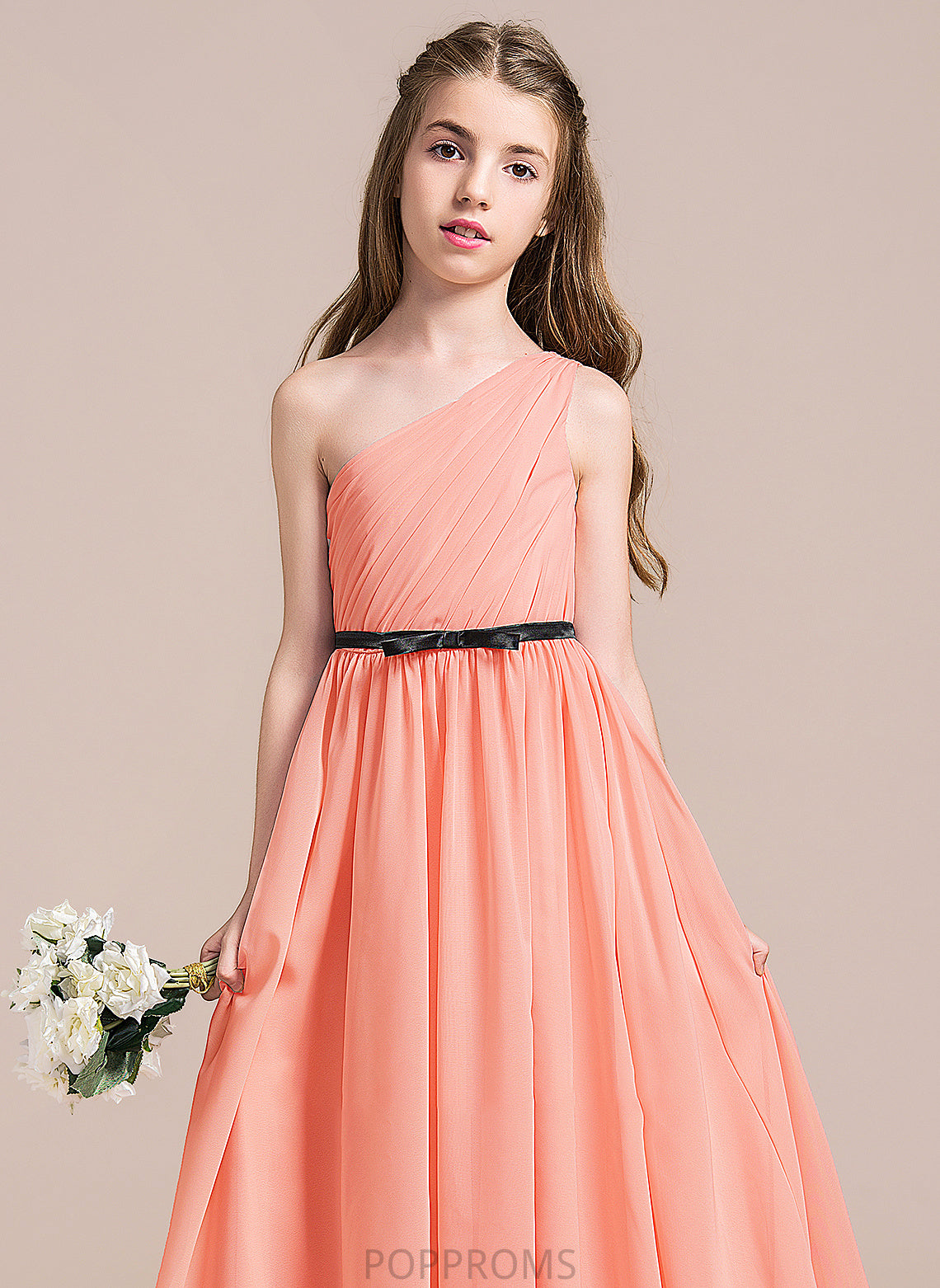 With A-Line Jo One-Shoulder Floor-Length Bow(s) Chiffon Ruffle Junior Bridesmaid Dresses