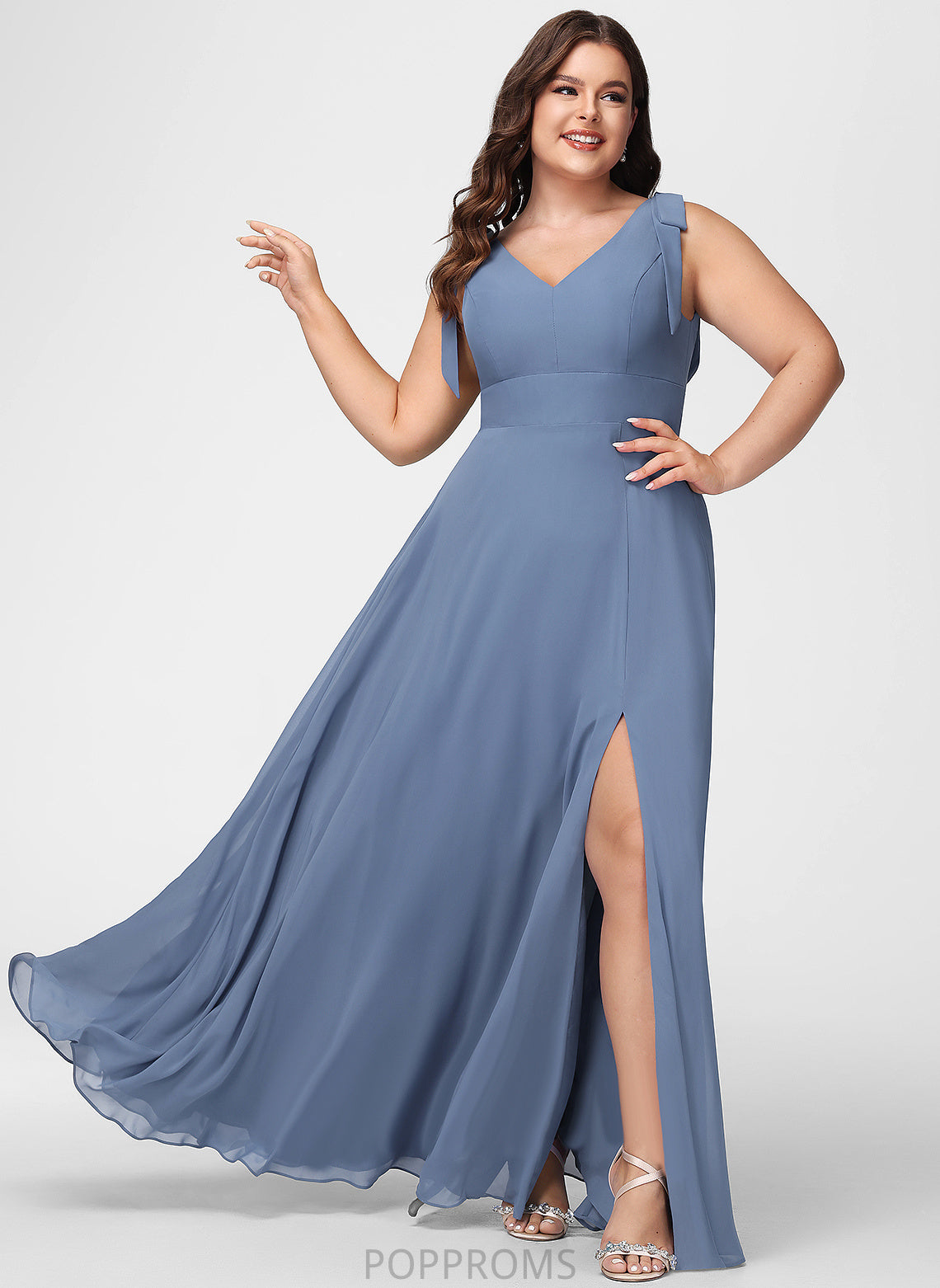 Neckline SplitFront Fabric Floor-Length Length Silhouette A-Line Bow(s) V-neck Embellishment Mandy Sleeveless Bridesmaid Dresses