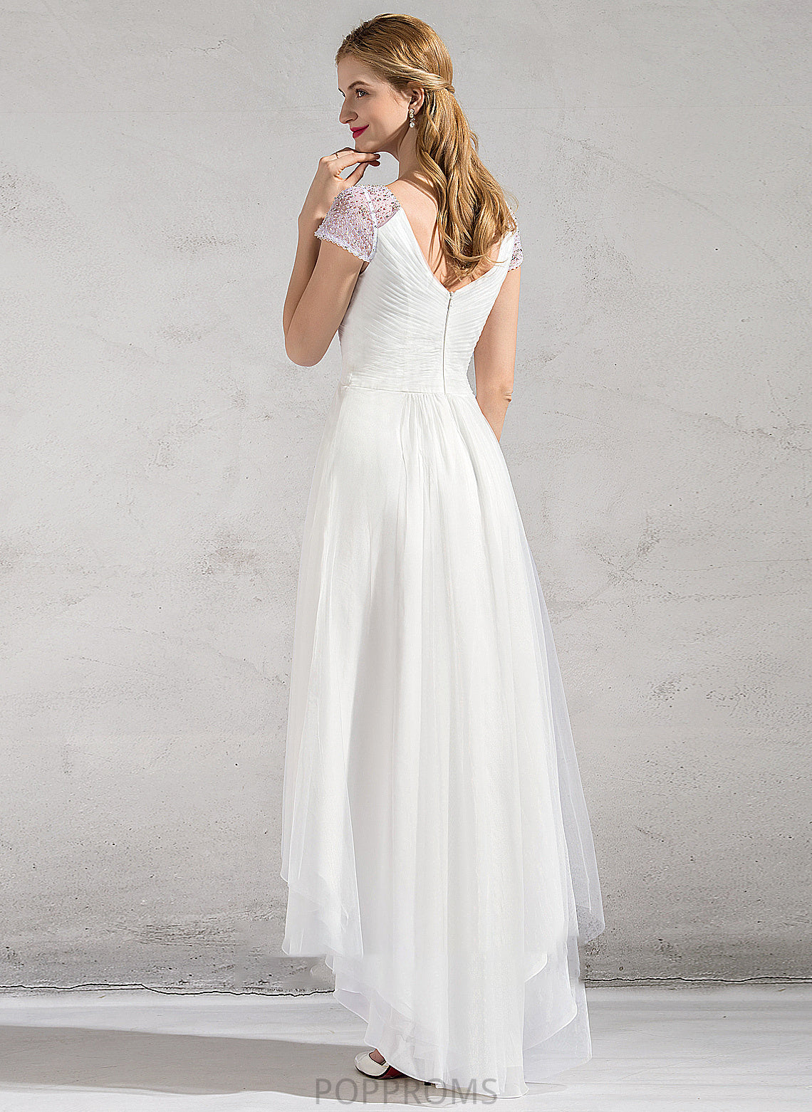 With Beading Sequins Wedding Dresses Dress A-Line Ruffle Wedding V-neck Asymmetrical Tulle Anastasia