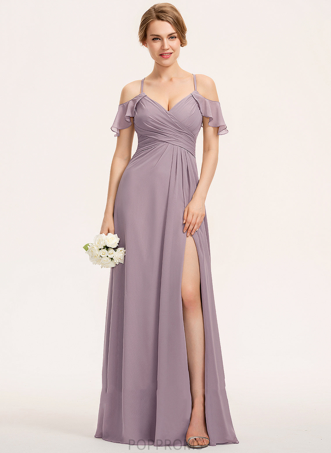 Ruffle V-neck Floor-Length CascadingRuffles A-Line ColdShoulder Neckline SplitFront Fabric Silhouette Embellishment Length Bridesmaid Dresses