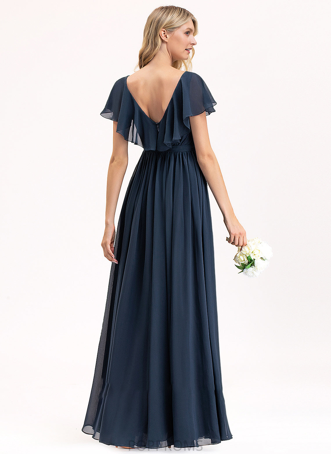 V-neck A-Line Neckline CascadingRuffles Bow(s) Length Fabric Silhouette SplitFront Embellishment Floor-Length Ursula Bridesmaid Dresses