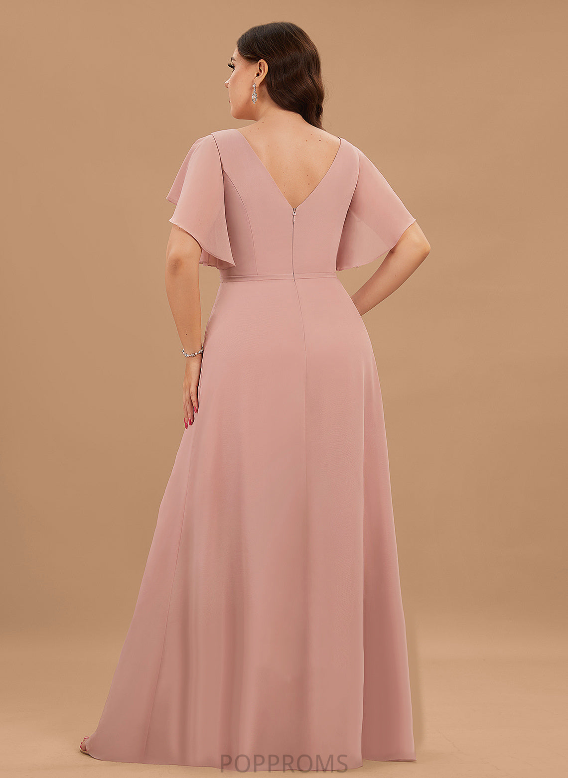 Silhouette Length Ruffle Embellishment V-neck A-Line SplitFront Floor-Length Neckline Fabric Deborah Scoop Bridesmaid Dresses