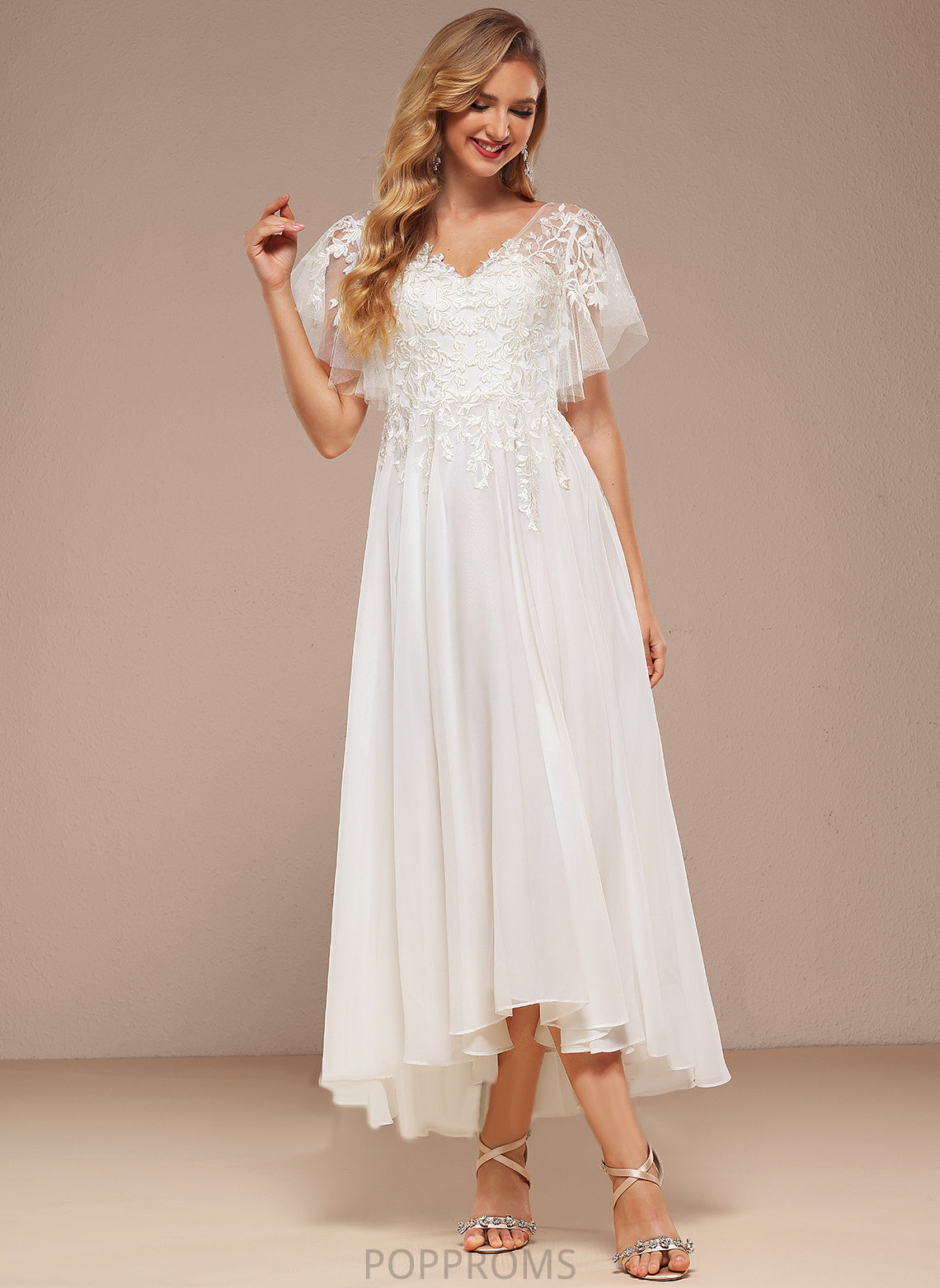 Ruffle Dress V-neck Wedding Asymmetrical With Elva Tulle Lace A-Line Wedding Dresses