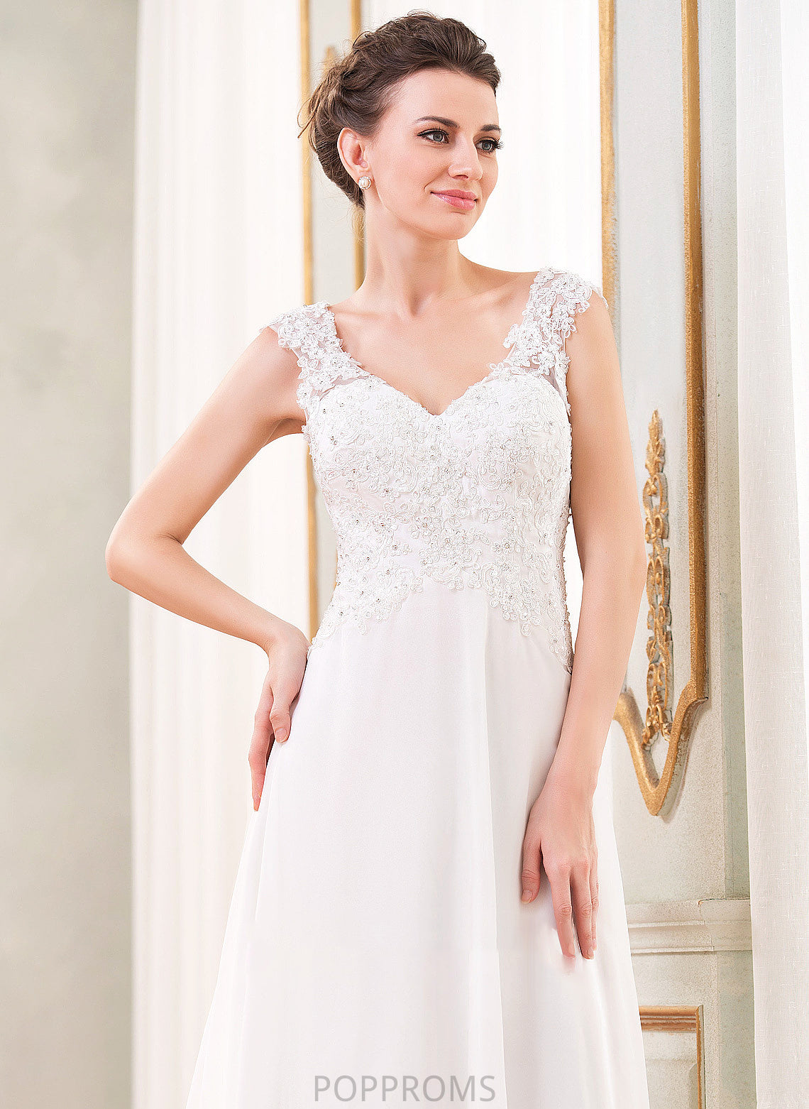 Beading Sequins Lace Wedding Dresses With Sweep Wedding Chiffon Train A-Line Dress V-neck Giovanna