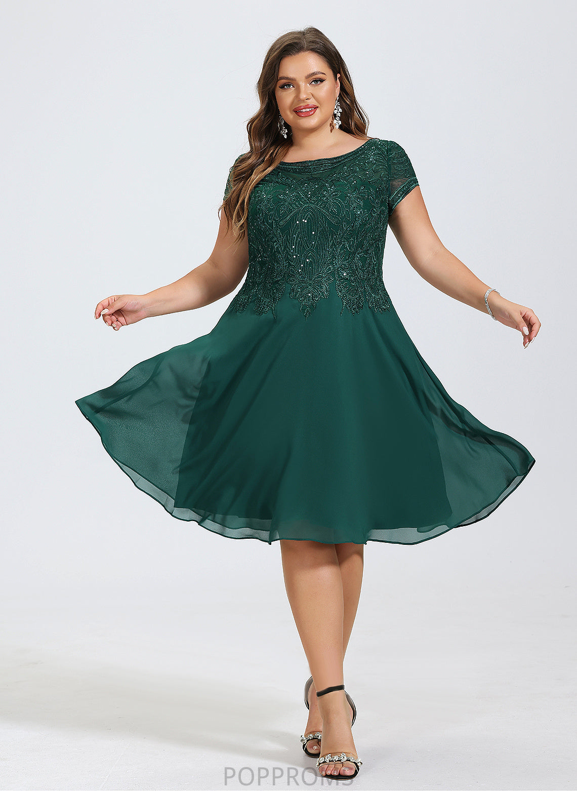 Jazlene With A-Line Neck Cocktail Dress Knee-Length Sequins Chiffon Lace Cocktail Dresses Scoop