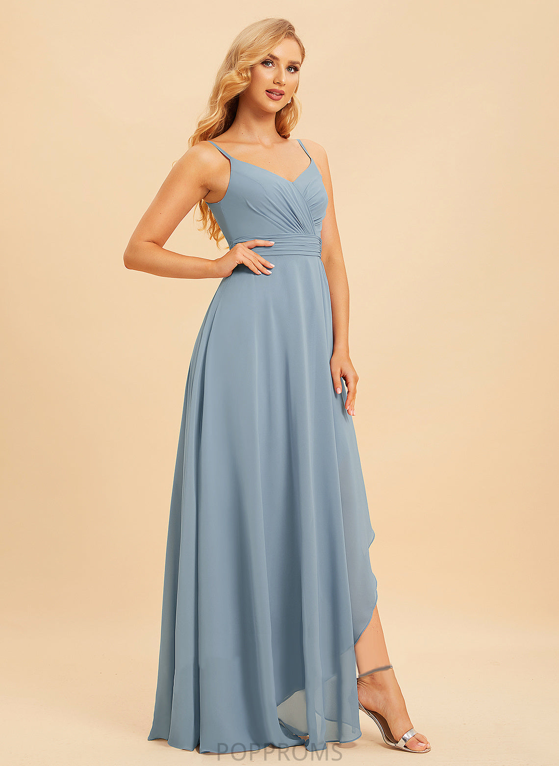 A-Line Ruffle Silhouette V-neck Neckline Fabric Asymmetrical Embellishment Length Princess Floor Length Empire Waist Bridesmaid Dresses