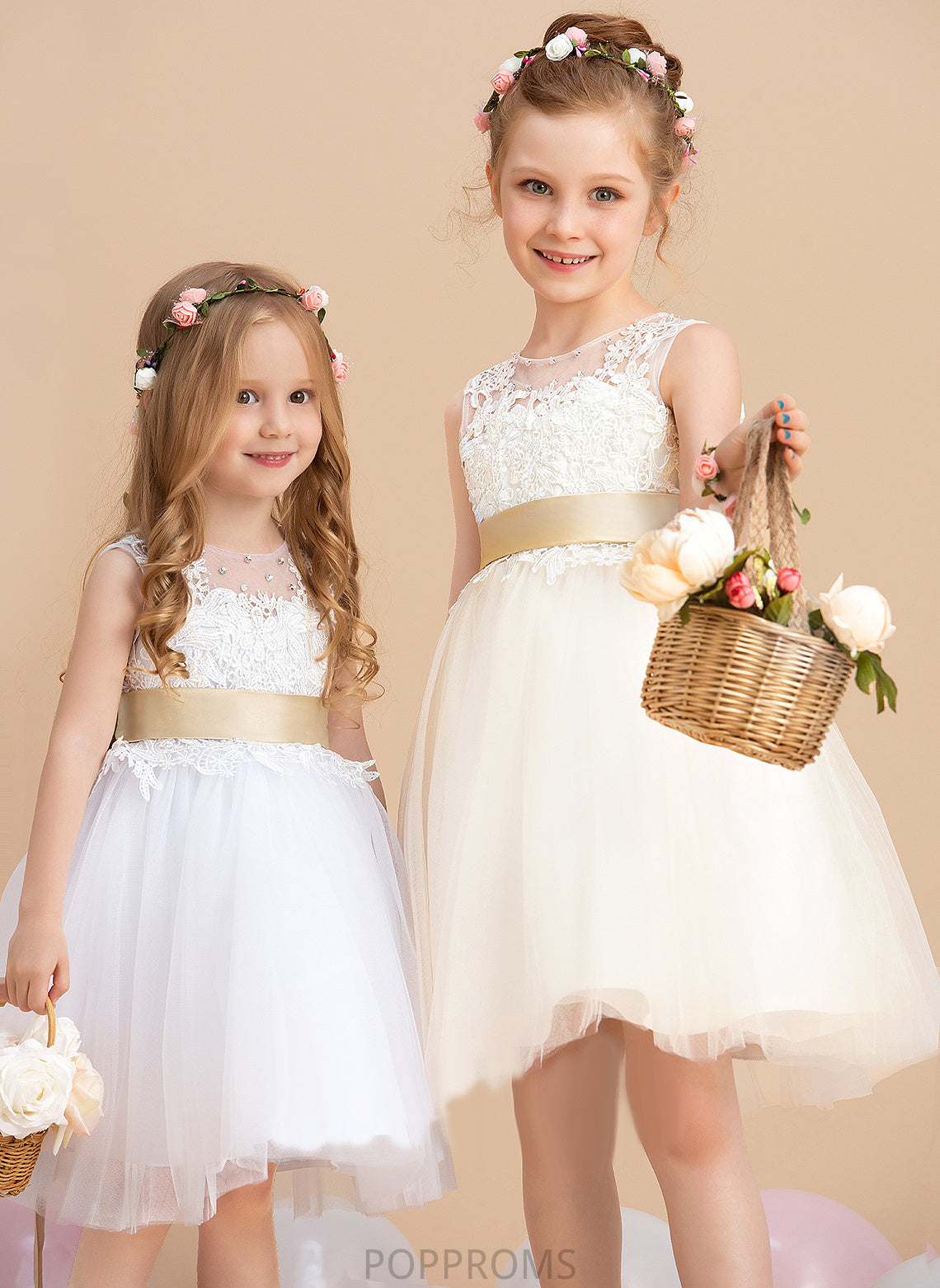 sash) Neck With Girl Flower Girl Dresses Sleeveless Flower (Detachable - Scoop A-Line Knee-length Sash/Beading/Back Hole Jazmyn Tulle/Lace Dress