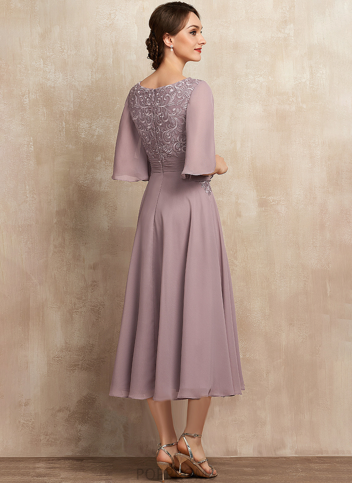 Tea-Length Dress Neck Scoop Lace Cocktail Dresses Charity Cocktail A-Line Chiffon