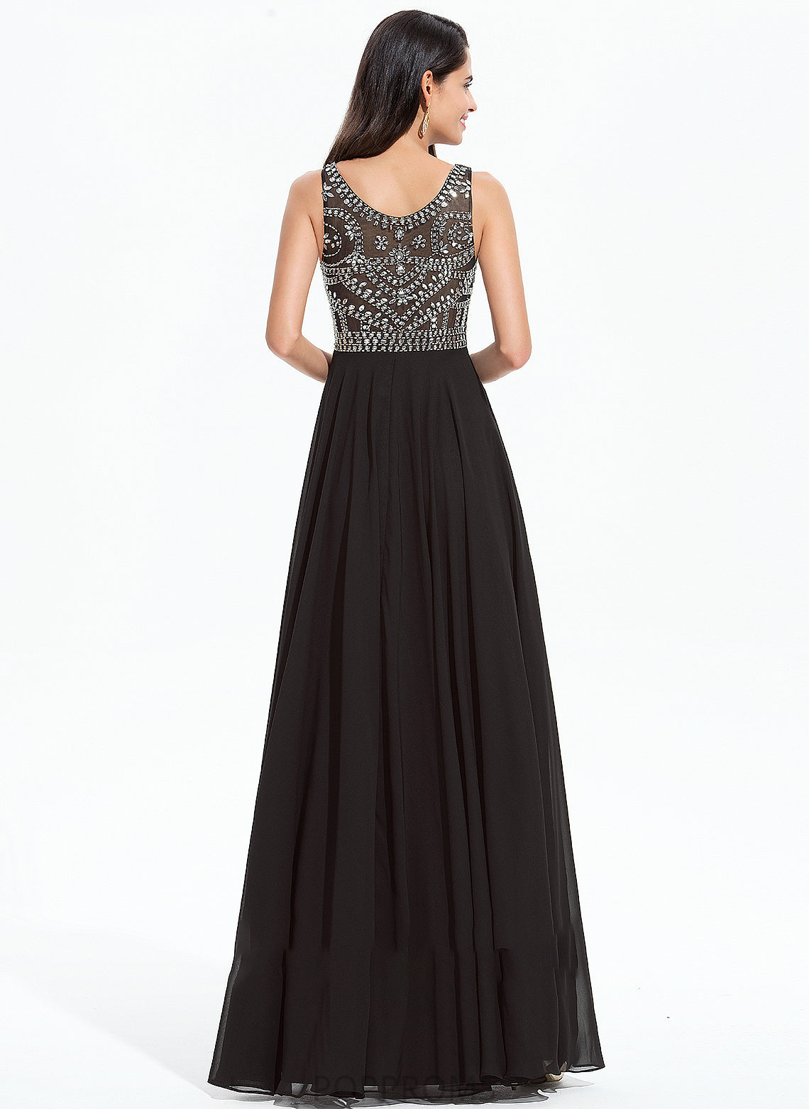 Yamilet Sequins Chiffon Neck Scoop Prom Dresses Beading A-Line With Floor-Length