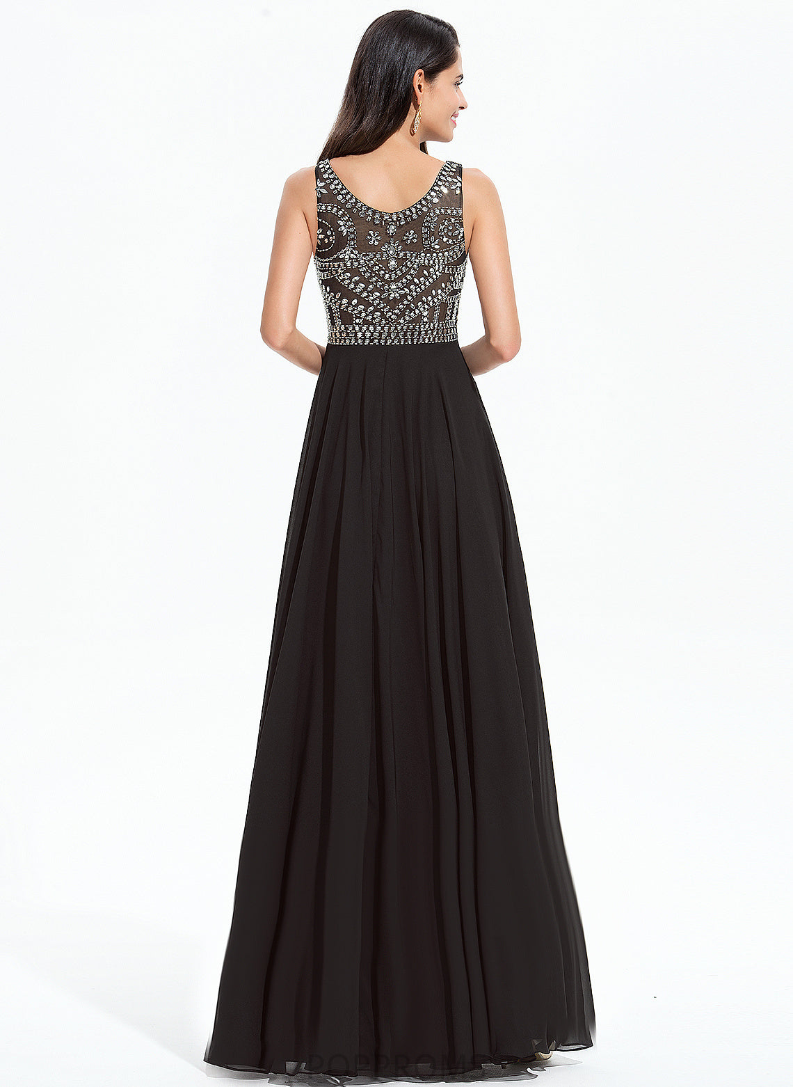 With A-Line Floor-Length Melany Chiffon Sequins Scoop Prom Dresses Beading