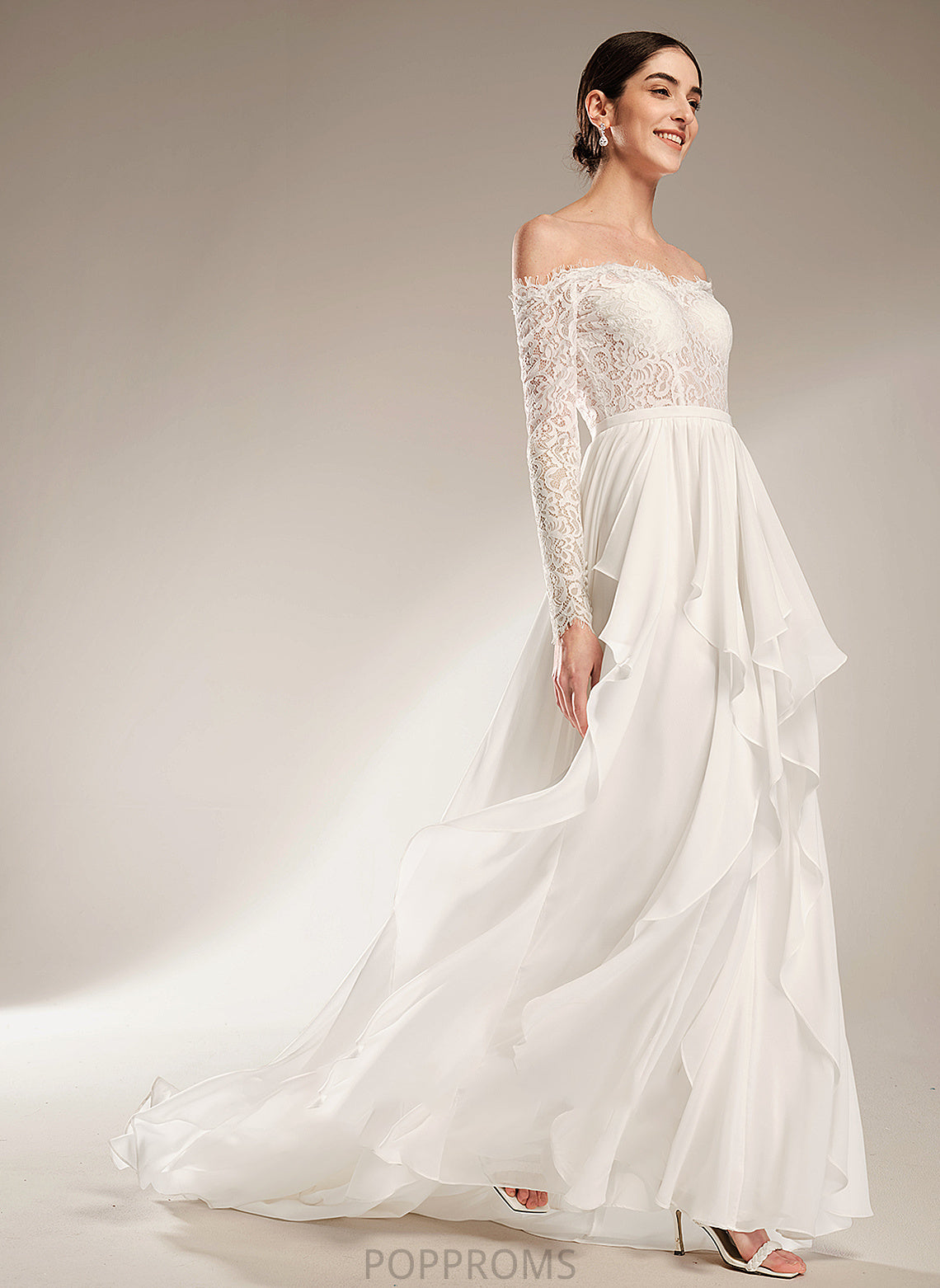 With Court Train A-Line Wedding Off-the-Shoulder Ruffle Wedding Dresses Jaylene Dress