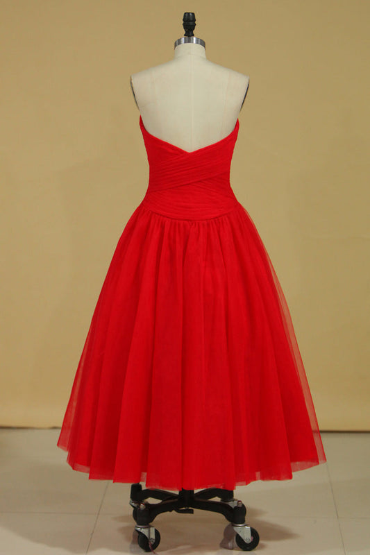 2024 Red Sweetheart Prom Dresses A Line Tulle With Ruffles Ankle Length Size 8