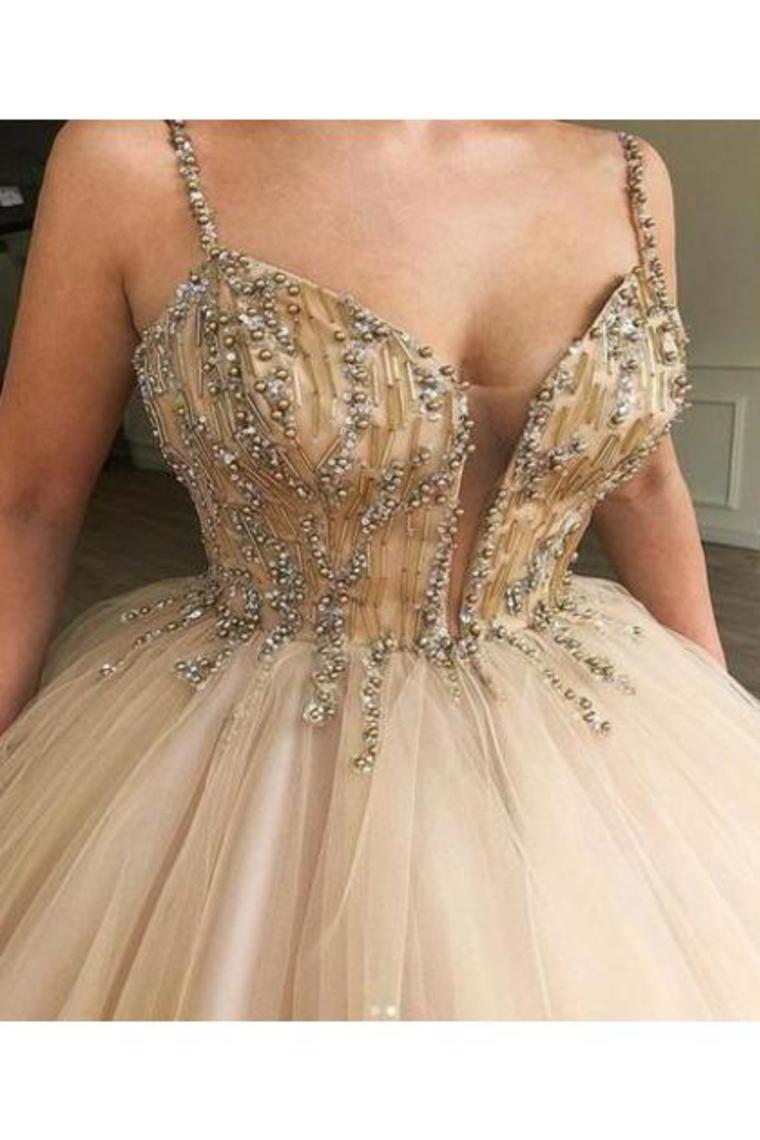 Unique Spaghetti Straps V Neck Beads Ball Gown Tulle Prom Dresses Quinceanera Dresses