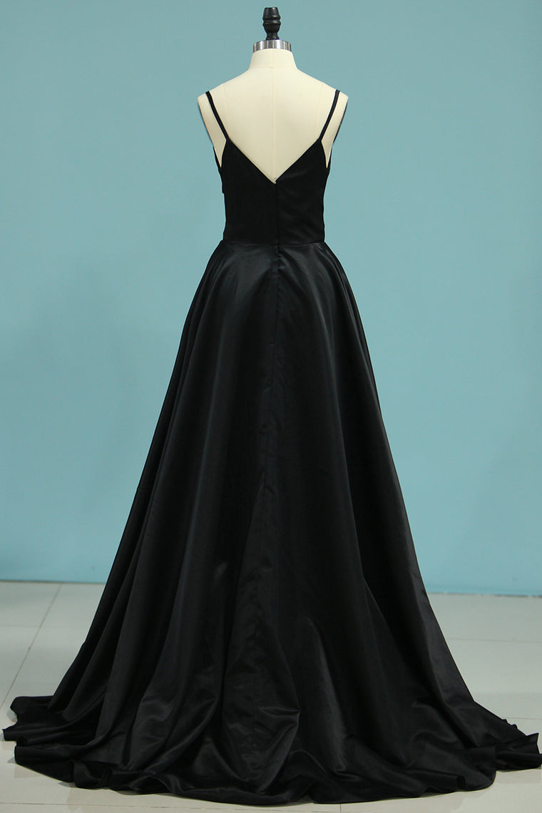 2024 Evening Dresses A Line Spaghetti Straps Satin Sweep Train