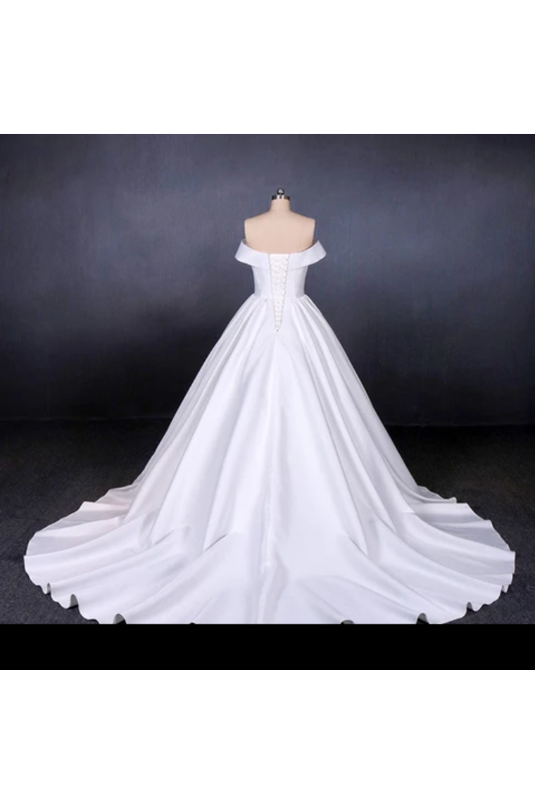 Puffy Off The Shoulder Satin Wedding Dress, Ball Gown Long Bridal Dress With Long Train