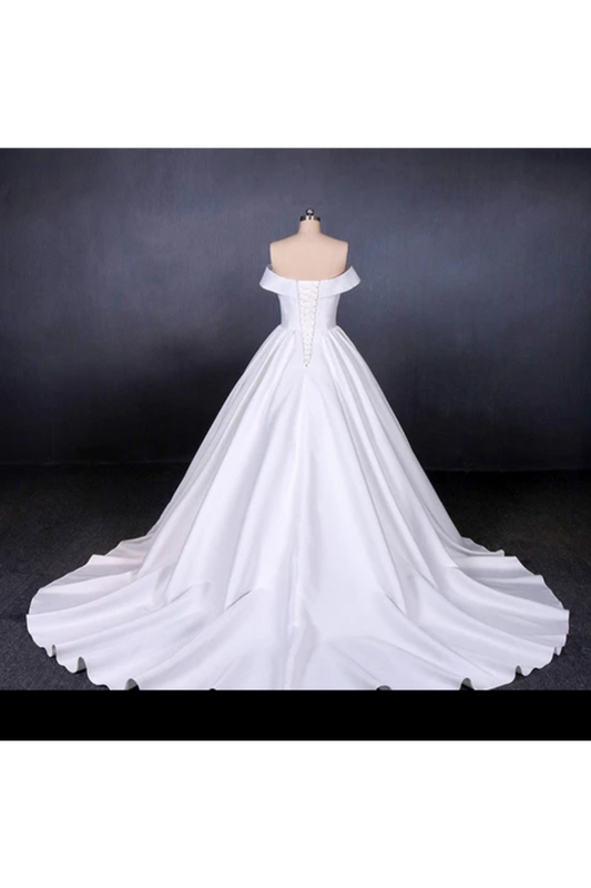 Puffy Off The Shoulder Satin Wedding Dress, Ball Gown Long Bridal Dress With Long Train