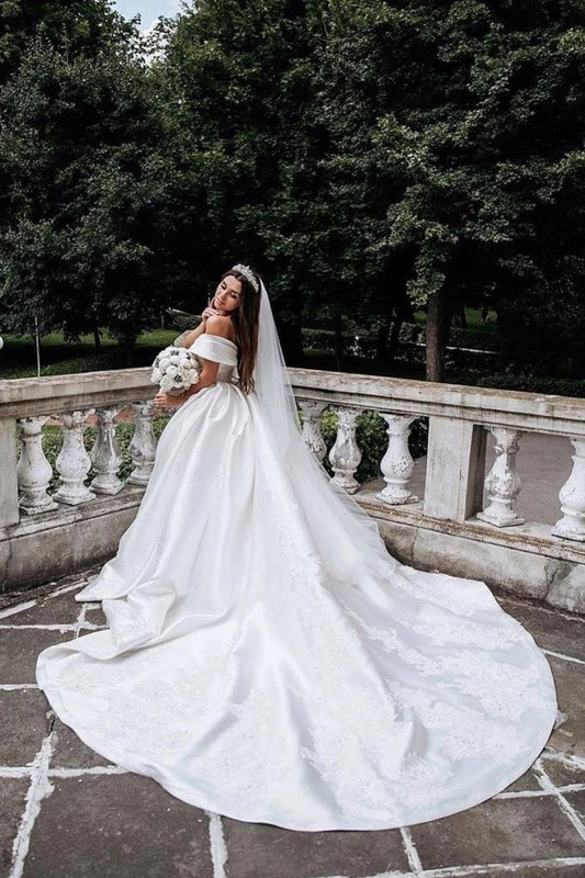 Ball Gown Off The Shoulder Satin White Sweetheart Wedding Dresses, Wedding Gowns