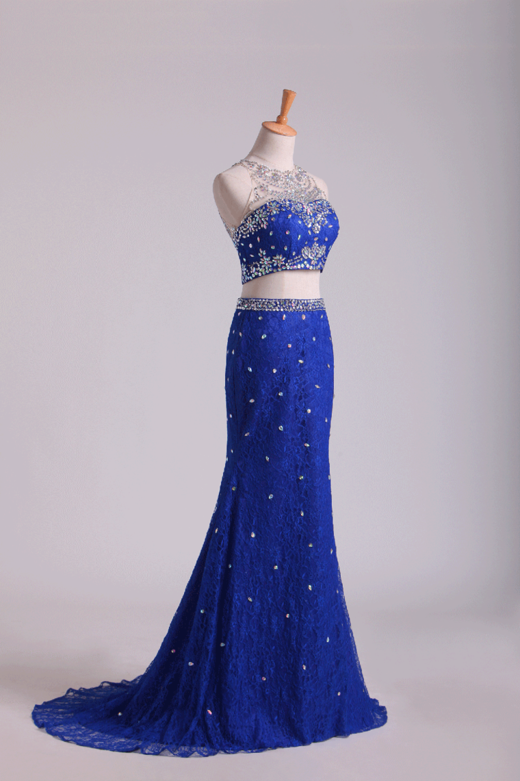 2024 Two-Piece Scoop Mermaid Prom Dresses With Beading Lace Dark Royal Blue