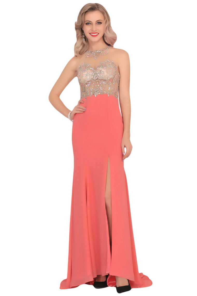 2024 Mermaid Scoop Chiffon Prom Dresses With Beads And Slit