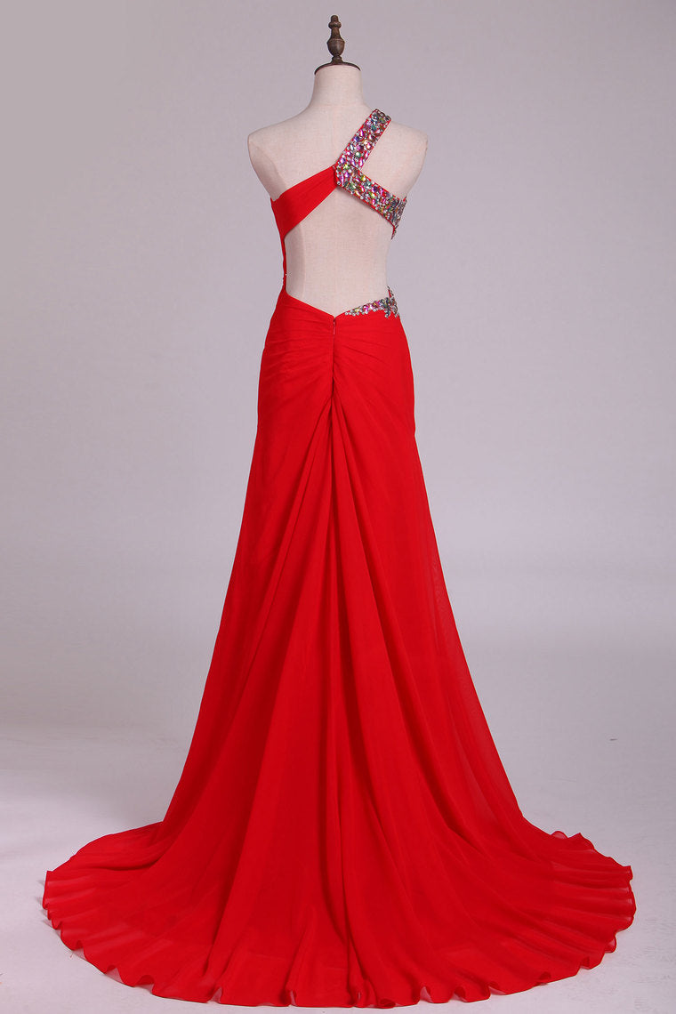 2024 One Shoulder Sheath Prom Dresses Red Chiffon With Beads And Slit