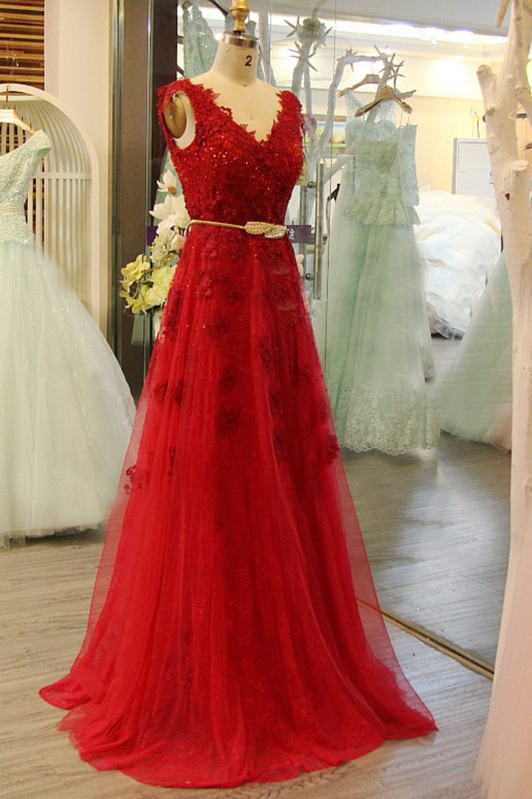 Red Prom Dresses V-Neck Tulle Floor-Length With Sash