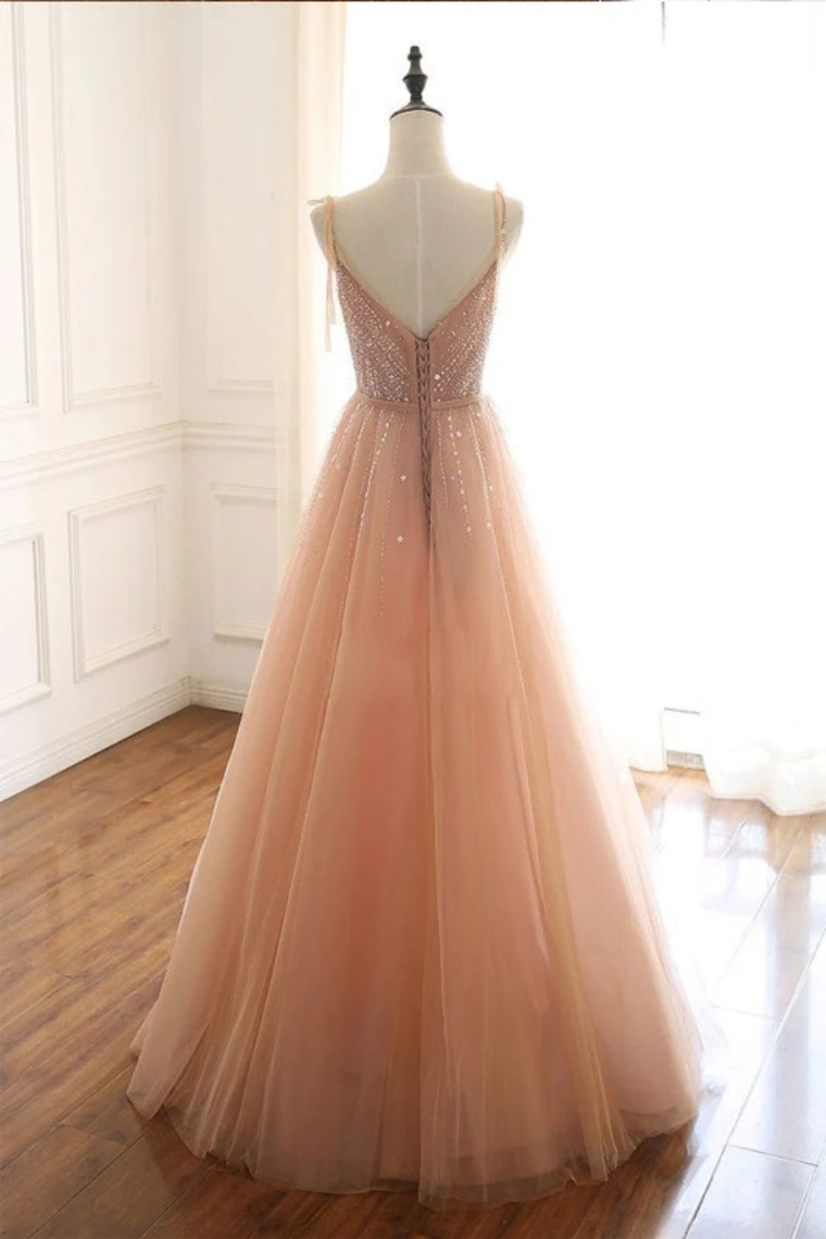 Sexy Straps Sleeveless Long Tulle Prom Dress With Beading, Floor Length Sparkly Evening Dress