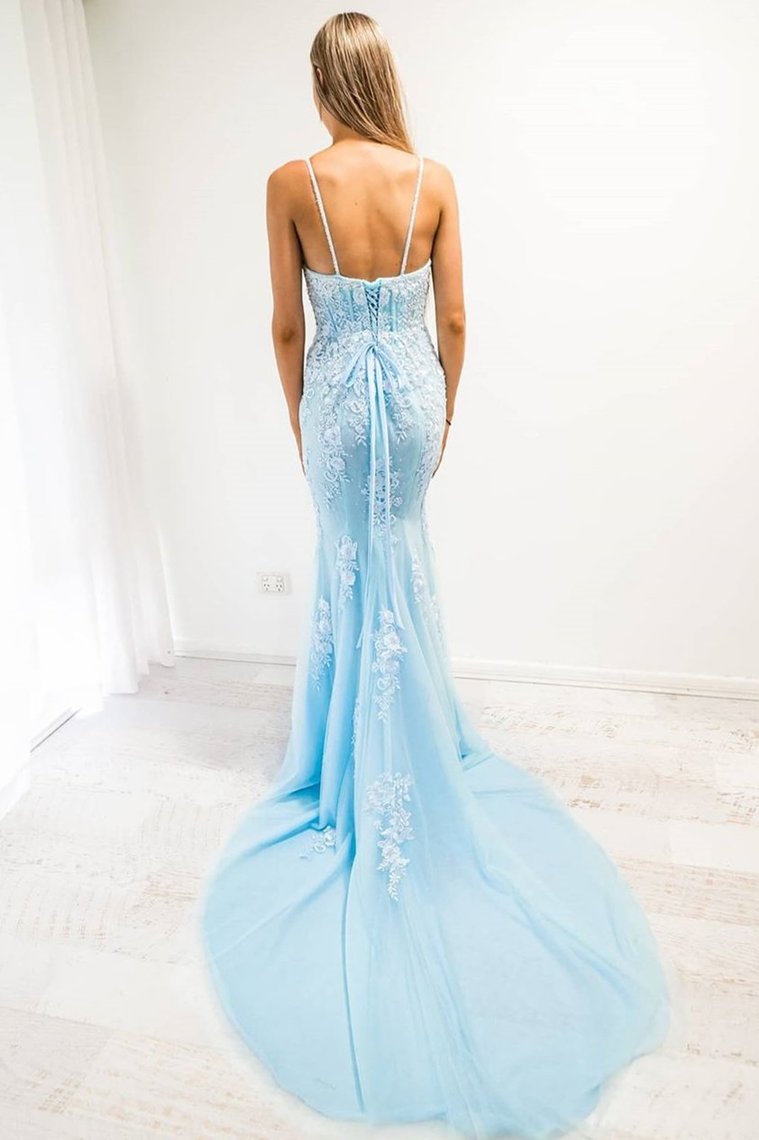 Mermaid Spaghetti Strap Prom Dress With Appliques Sweep Train