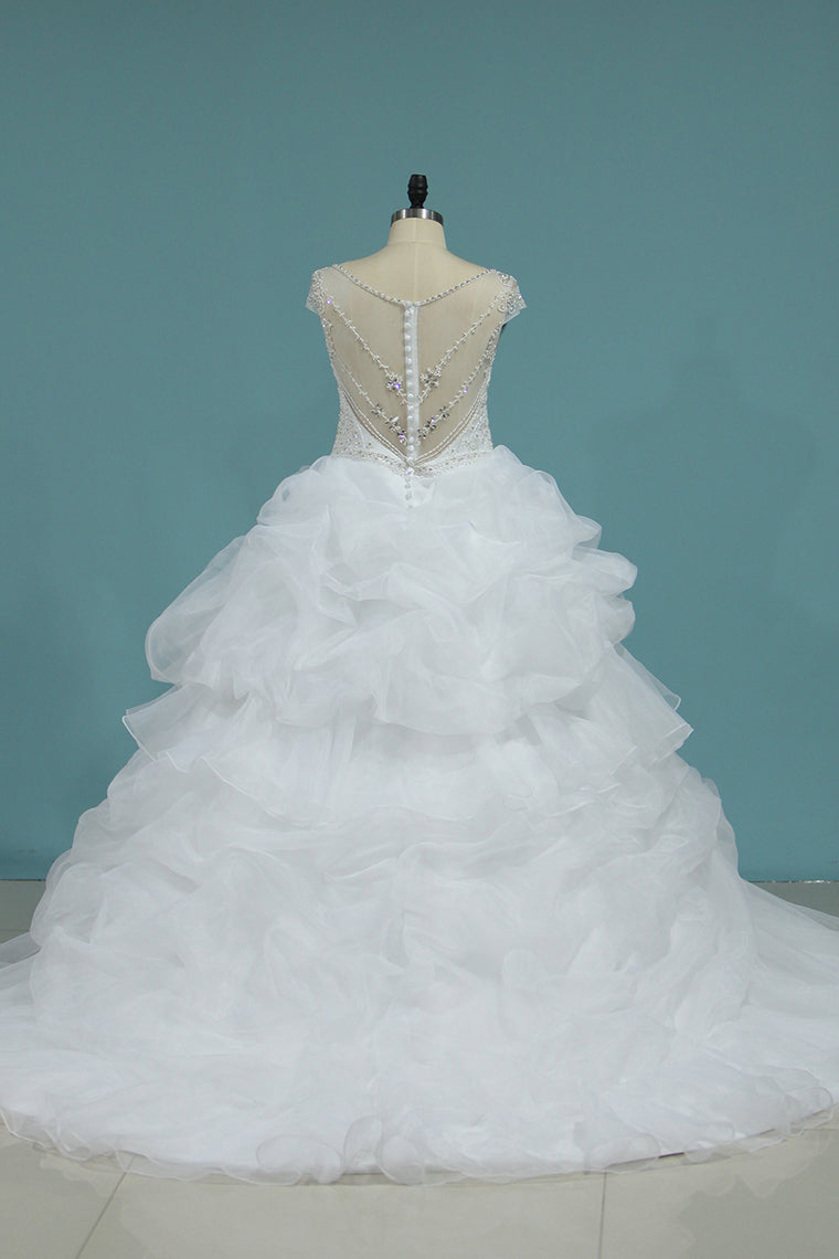 2024 A Line V Neck Wedding Dresses Organza With Beading Chapel Train