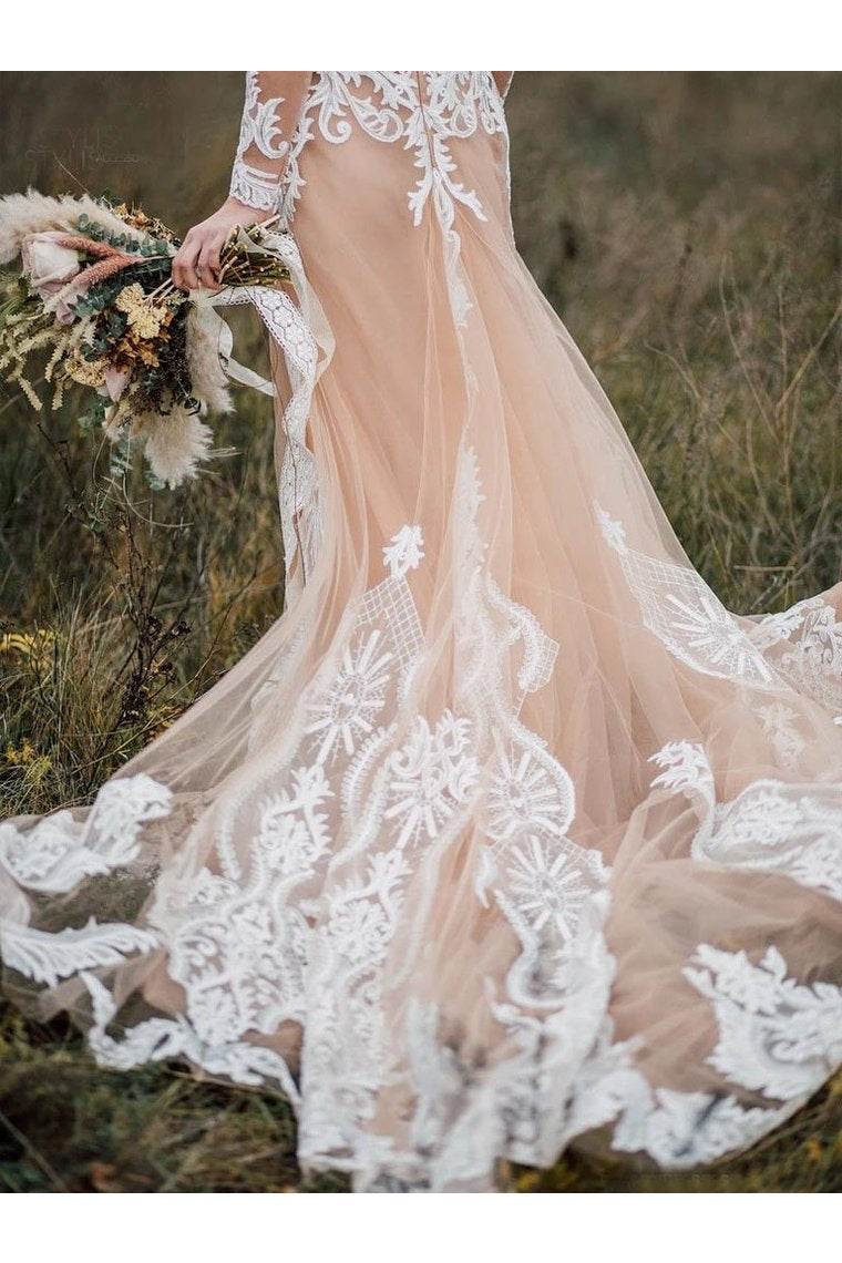 Long Sleeves Boho Wedding Dress With Appliques Mermaid Tulle