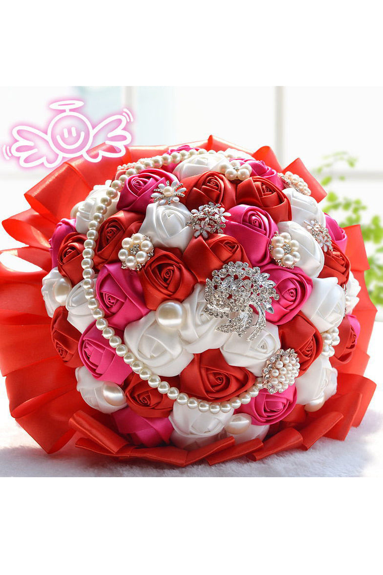 Elegant Round Satin Bridal Bouquets With Pearls