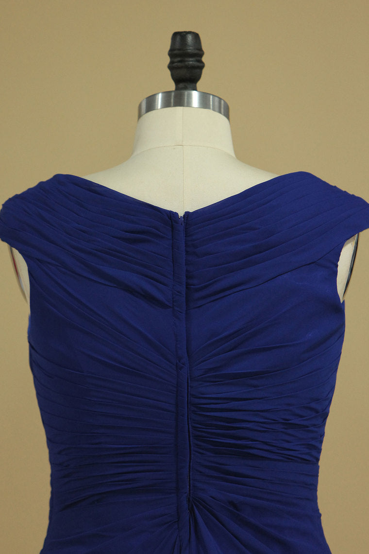 2024 Dark Royal Blue A Line Cowl Neck Prom Dresses Chiffon With Applique And Beads