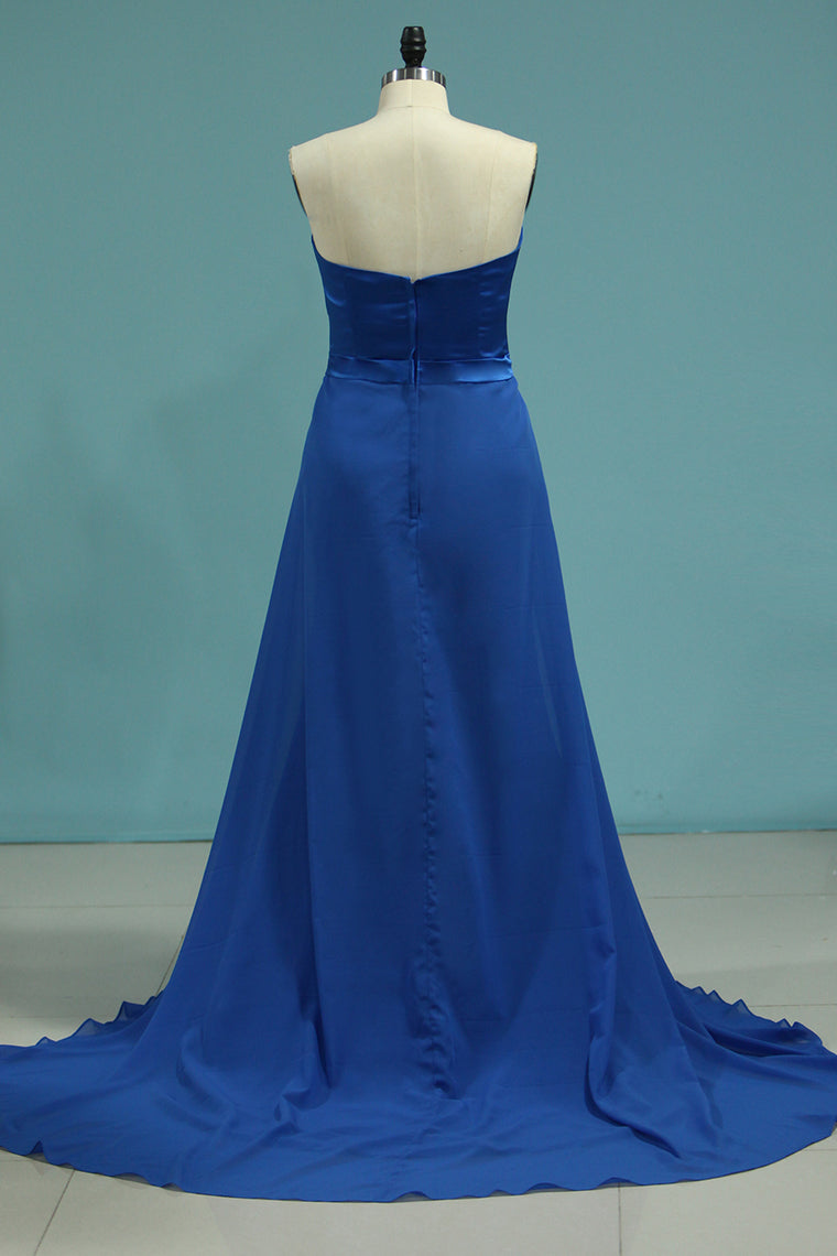 2024 Evening Dresses Satin & Chiffon Strapless With Sash And Slit