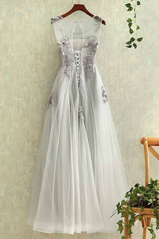 2024 Tulle With Applique A Line Prom Dresses Scoop Lace Up