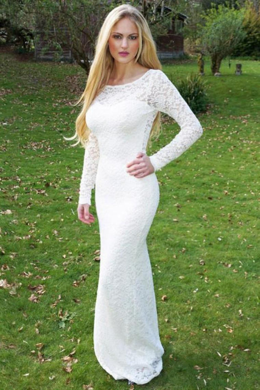 Elegant Long Sleeves Sheath Open Back Ivory Lace Long Prom Dresses