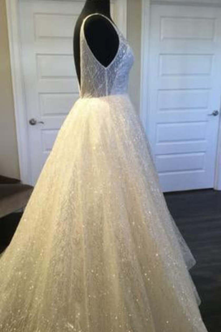 Pretty Long Ivory Sequin Shiny Lace Long Prom Dresses Wedding Dresses