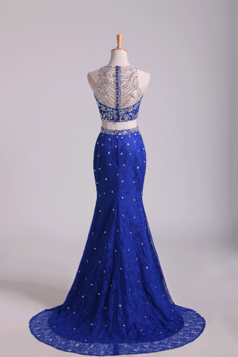 2024 Two-Piece Scoop Mermaid Prom Dresses With Beading Lace Dark Royal Blue