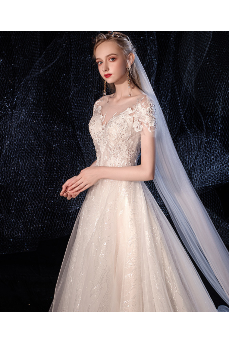 Ball Gown Tulle Wedding Dresses Short Sleeves Appliques Court Train