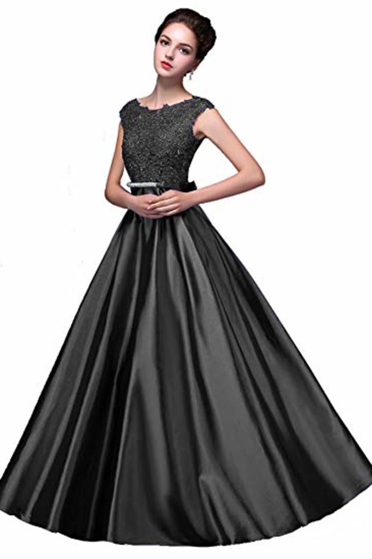 Elegant A-Line Applique Round Neck Lace Satin Ball Gown Evening Prom Dress